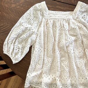 Lauren Conrad Ivory Lace blouse Sz L. puffed long sleeves, gathered square neck.